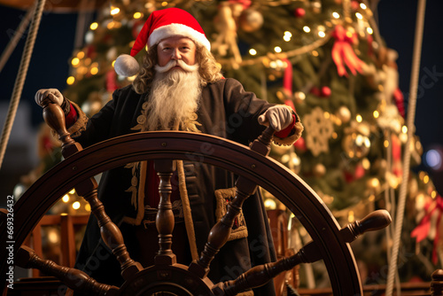 Santa Claus pirate captain standing at wood ship's wheel with giant Christmas tree at night, outdoor at sea, winter holiday season photo