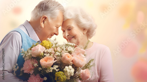 Cute grandparent couple with fresh bouquet flowers. Minimal illustration for Valentine s Day.