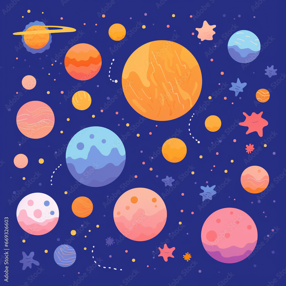 Sun and Moon Solar System Planets Space Icons on Solid Background