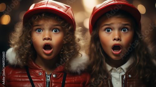 Two kids are wearing Christmas attire and stocking caps and are blown away - shocked and surprised - can’t believe the news - astounded - seasonal humor - holiday spirit  photo