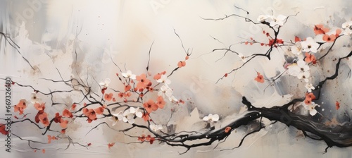 Japanese cherry blossoms flower. Traditional oriental painting style background. Generative AI technology. photo