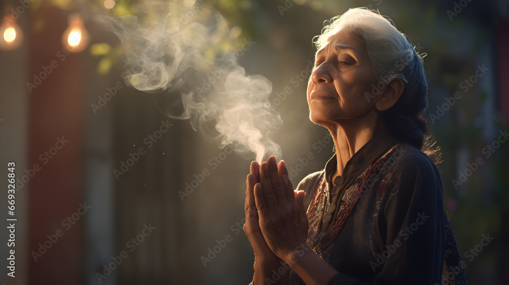 Elderly woman with hands clasped in prayer, surrounded by mystical smoke and bathed in golden sunlight, evoking peace and spirituality