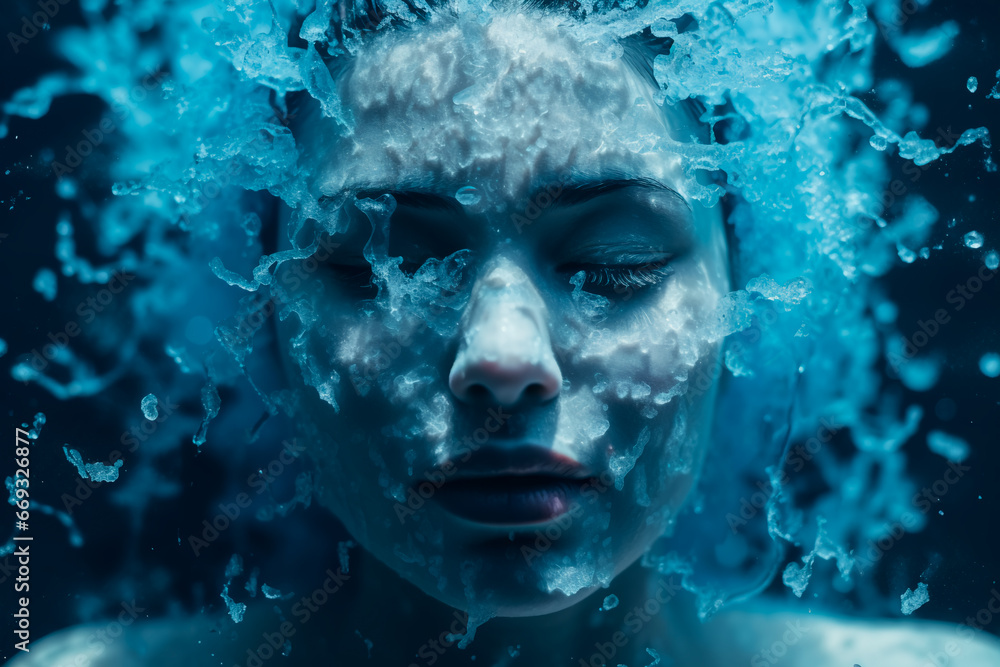 An abstract photo depicts the concept of a woman's mental struggle, symbolized by a head covered in icy blue snow. With her eyes closed, she appears to be crying, surrounded by a dark, melancholic rai - obrazy, fototapety, plakaty 