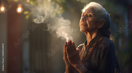 Obraz na płótnie Elderly woman with hands clasped in prayer, surrounded by mystical smoke and bathed in golden sunlight, evoking peace and spirituality w salonie