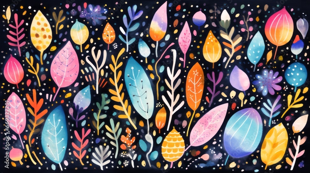 A painting of colorful leaves on a black background A painting of colorful leaves on a black background