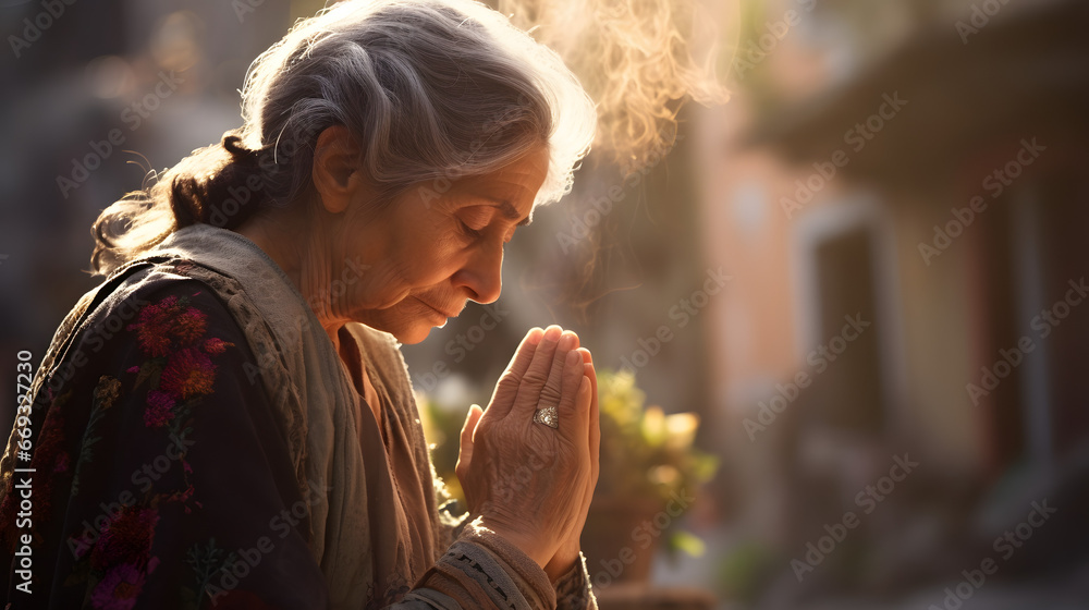 Close-up of an elderly woman, deeply engrossed in prayer, with soft sunlight highlighting her silver hair and ornate ring