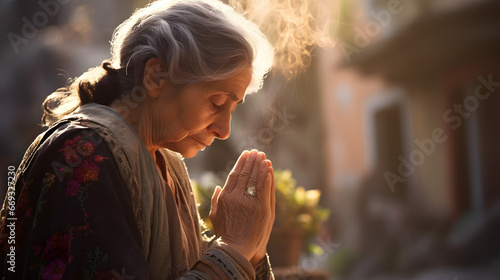 Obraz na płótnie Close-up of an elderly woman, deeply engrossed in prayer, with soft sunlight highlighting her silver hair and ornate ring w salonie