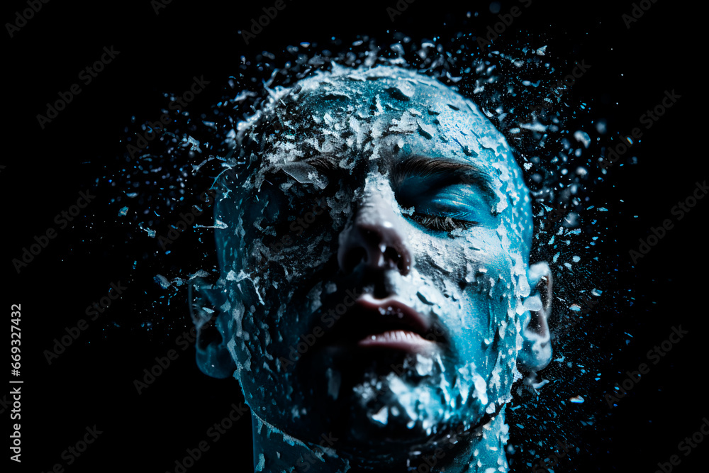 An abstract photo depicts the concept of a man's mental struggle, symbolized by a head covered in icy blue snow. This image conveys the sadness, loneliness and helplessness 