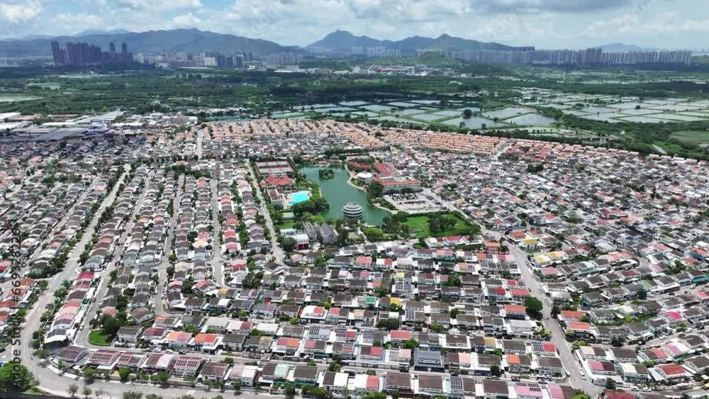 Fairview Park Palm Springs is a substantial private residential villa independent house estate in Yuen Long New Territories Hong Kong near Marshes Northern Metropolis Development, Drone skyview Fairview Park Palm Springs is a substantial private residential villa independent house estate in Yuen Long New Territories Hong Kong near Marshes Northern Metropolis Development, Drone skyview