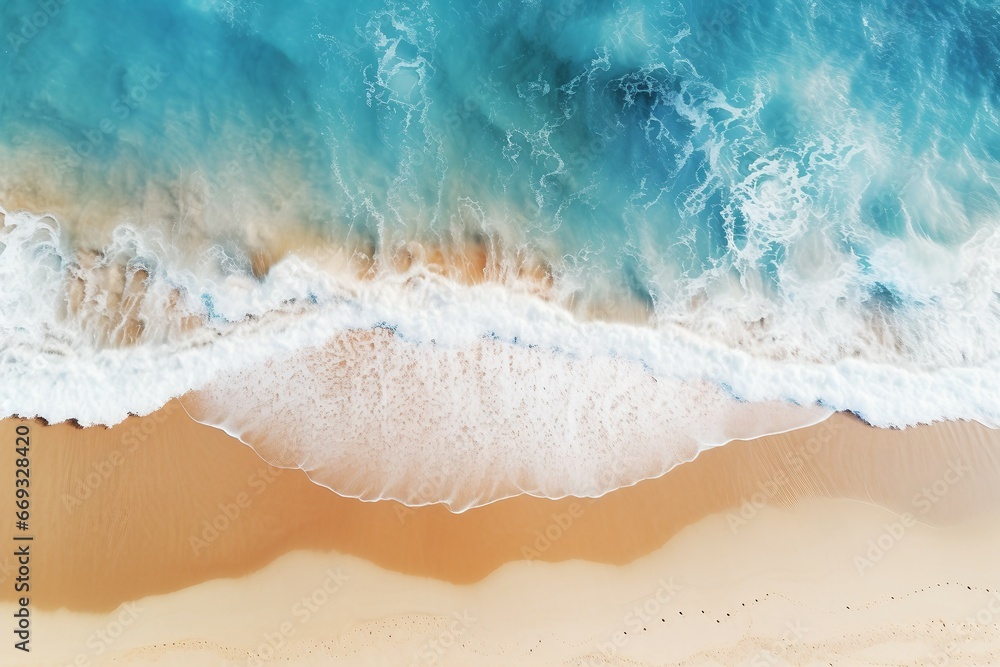 aerial photo of beautiful summer sandy beach and blue ocean with copy space, top view from drone. Summer seascape beautiful waves. blue sea water in sunny day. Sea aerial view. Generative AI - obrazy, fototapety, plakaty 
