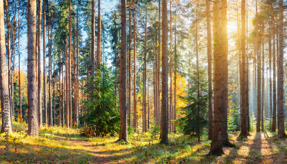 Sunny Forest of Spruce Trees in Autumn, Panorama Sunny Forest of Spruce Trees in Autumn, Panorama