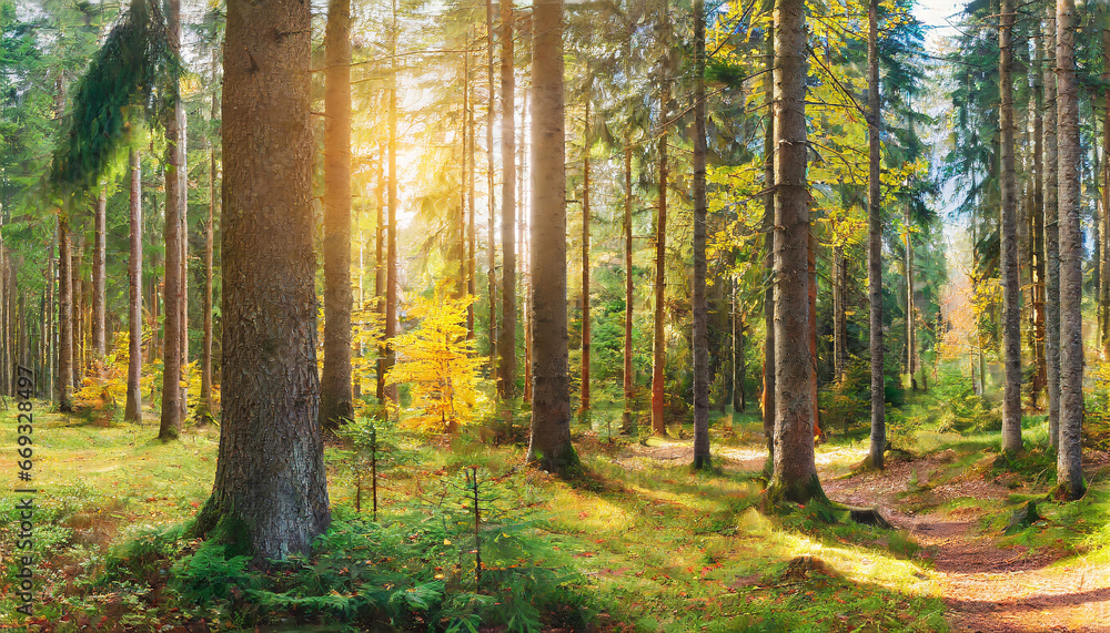 Obraz premium Sunny Forest of Spruce Trees in Autumn, Panorama