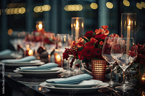 a table setting with candles, plates and glasses on it's place settings are arranged in the centerpieces