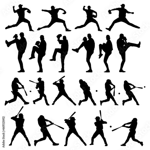 High details silhouette of baseball collection. Minimal symbol and logo of sport. Fit for element design, background, banner, backdrop, cover, logotype. Isolated on white background. Vector Eps 10.
