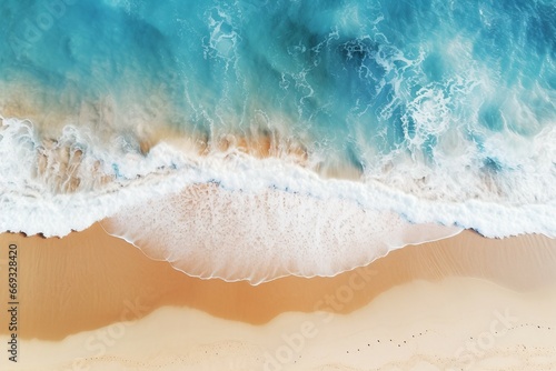 aerial photo of beautiful summer sandy beach and blue ocean with copy space, top view from drone. Summer seascape beautiful waves. blue sea water in sunny day. Sea aerial view. Generative AI photo
