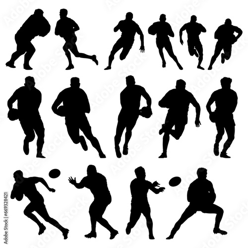 High details silhouette of rugby collection. Minimal symbol and logo of sport. Fit for element design, background, banner, backdrop, cover, logotype. Isolated on white background. Vector Eps 10.