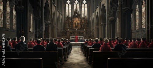 Red dress evil satanic cult ceremony at cathedral. Generative AI technology.