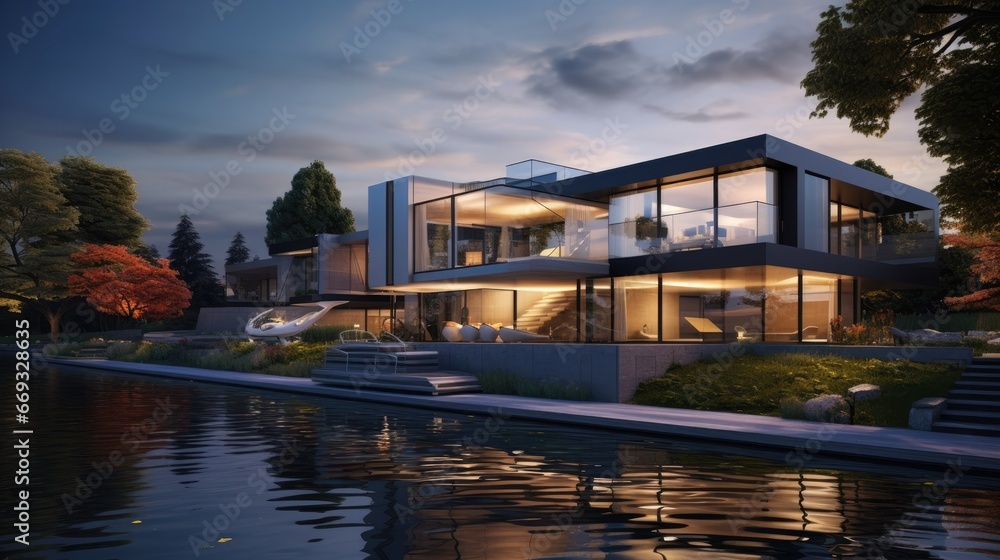 3d rendering of modern house by the river at evening, house, luxury, villa, modern, architecture, building, exterior, residential, property, designer