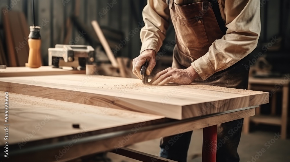 close up man owner a small furniture business is preparing wood for production. carpenter male is adjust wood to the desired size. architect, designer close up man owner a small furniture business is preparing wood for production. carpenter male is adjust wood to the desired size. architect, designer