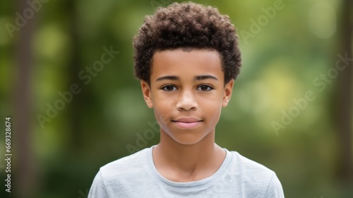 closeup photo portrait of a handsome young black african afro american model teen boy looking forward. child ad with copyspace. isolated on white background --ar 16:9