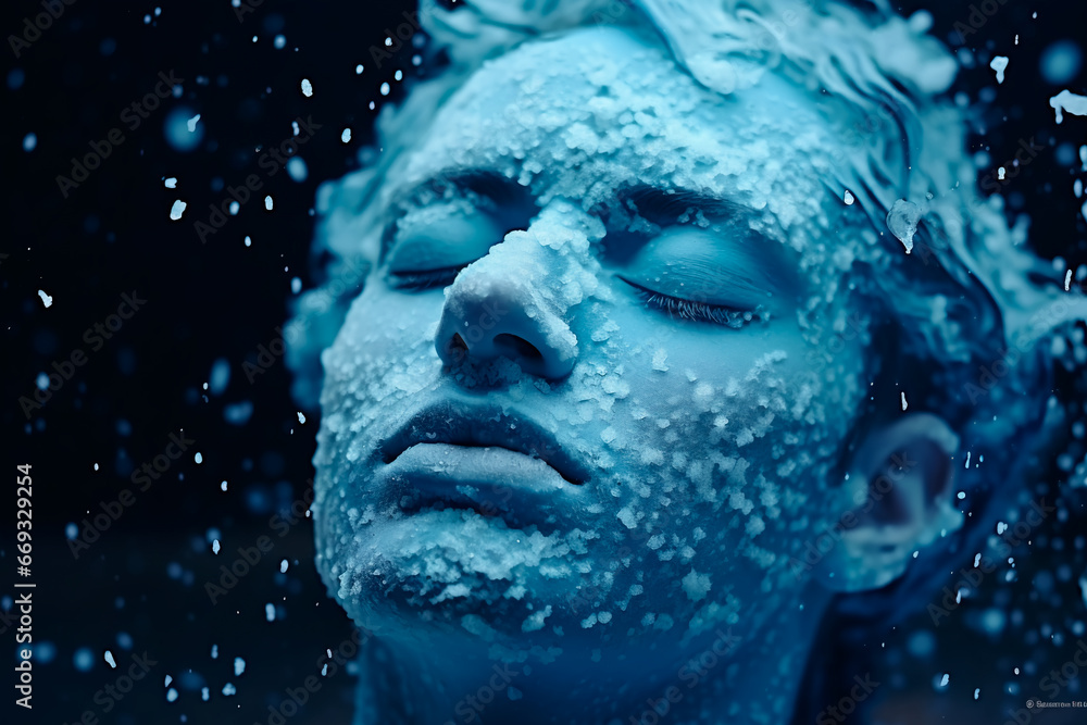 An abstract photo depicts the concept of a man's mental struggle, symbolized by a head covered in icy blue snow. This image conveys the sadness, loneliness and helplessness An abstract photo depicts the concept of a man's mental struggle, symbolized by a head covered in icy blue snow. This image conveys the sadness, loneliness and helplessness