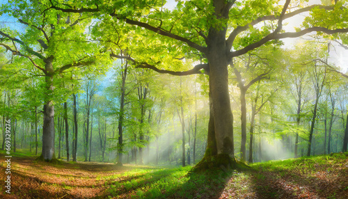 Panorama of Sunny Natural Oak and Beech Forest in spring with first green leaves and morning mist