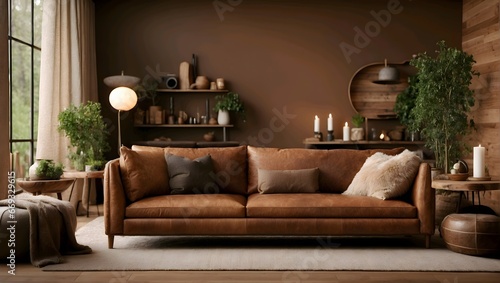  a living room in industrial style with leather sofa and brown colored wall © Roselita