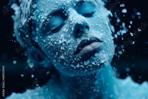 An abstract photo depicts the concept of a man's mental struggle, symbolized by a head covered in icy blue snow. This image conveys the sadness, loneliness and helplessness 
