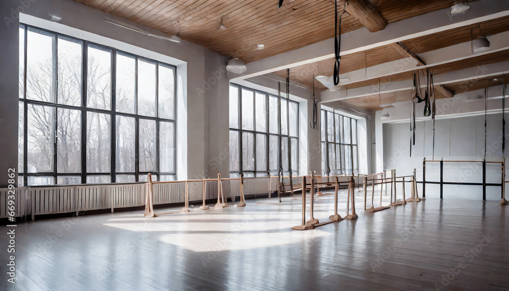 Fototapeta premium panoramic empty gym with windows for ballet classes.
