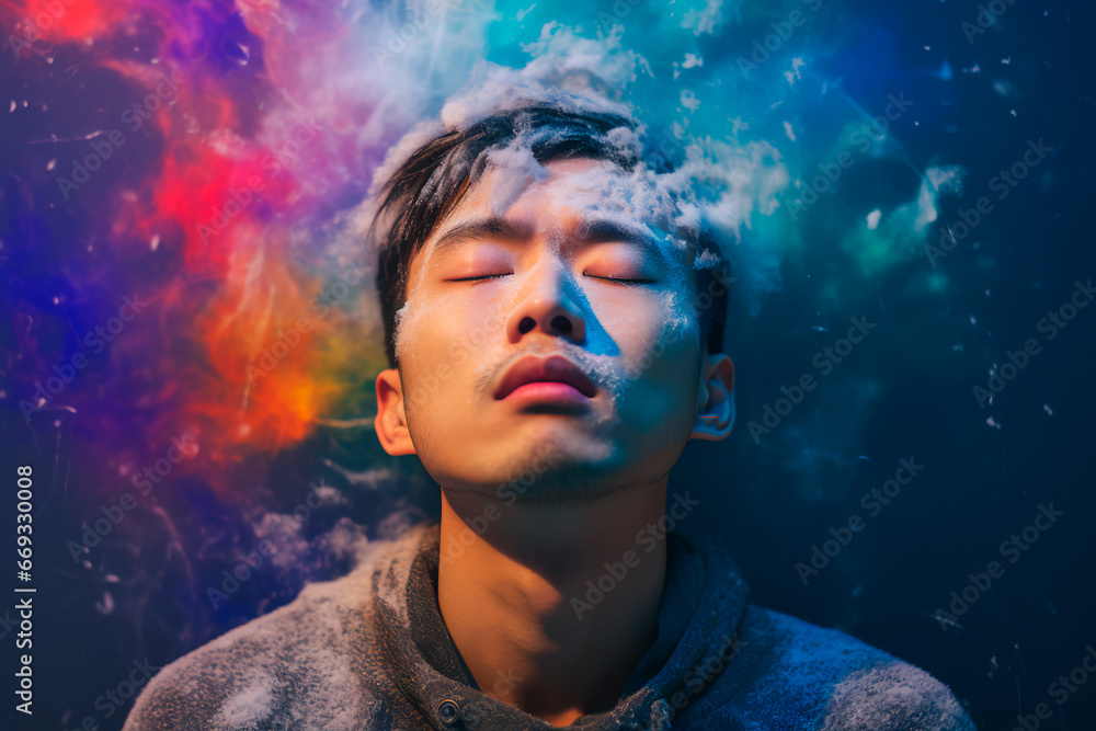 An abstract photo depicts the concept of a man's mental struggle, symbolized by a head covered in icy blue snow. This image conveys the sadness, loneliness and helplessness An abstract photo depicts the concept of a man's mental struggle, symbolized by a head covered in icy blue snow. This image conveys the sadness, loneliness and helplessness