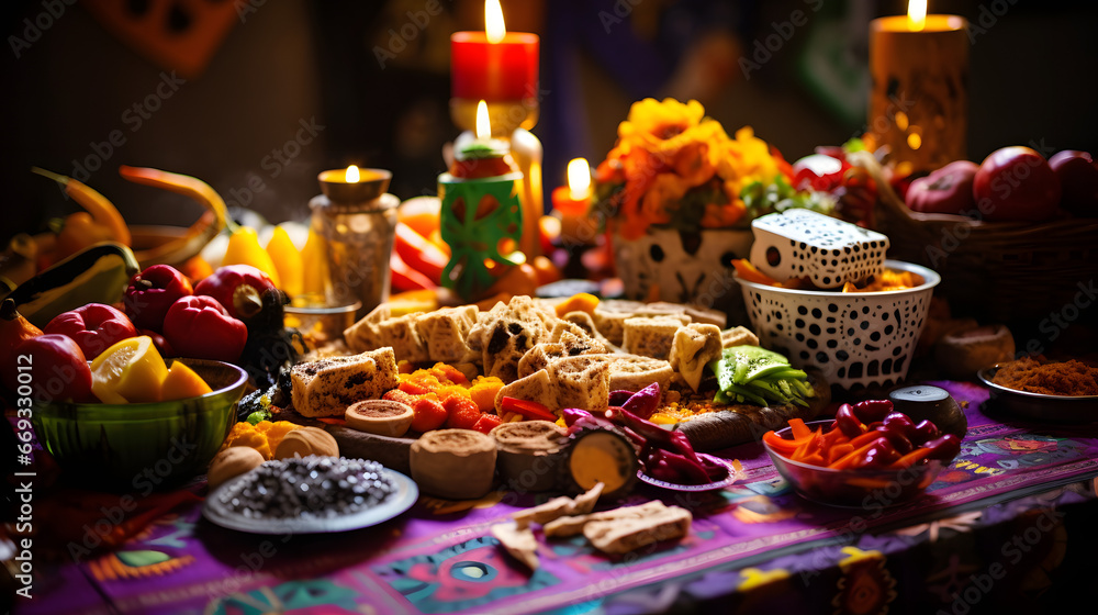 Traditional Day of the Dead feast with assorted fruits, bread, and candles on a vibrant tablecloth, illuminated by soft candlelight