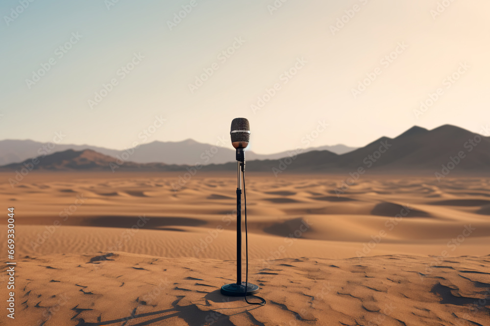 A microphone in an empty desert. The concept of an absence of listeners. A microphone on the sand in the nighttime desert. A solitary microphone against the backdrop of a desert sunset