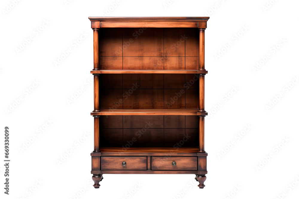 Luxury wooden bookcase 3 tier with drawers on transparent background