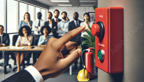 Fire drill. A dark-skinned hand pressing a red fire alarm button, with office workers, safety equipment and  fire extinguisher in background photo