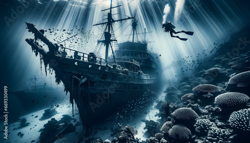 Diver in scuba gear, exploring the majestic remnants of a sunken shipwreck photo