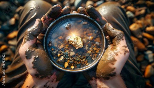 Glimmering gold nugget in bowl held by muddy hands of prospector