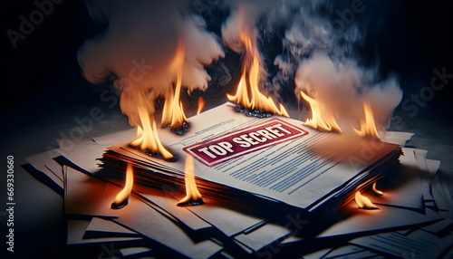 Close-up of top secret documents being burnt by fire, ensuring confidentiality photo