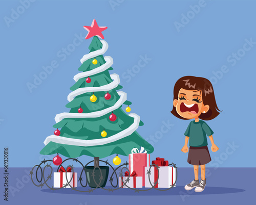 Sad Little Girl Crying Near the Christmas tree Vector Cartoon Illustration. Child throwing a temper tantrum on Xmas day 
