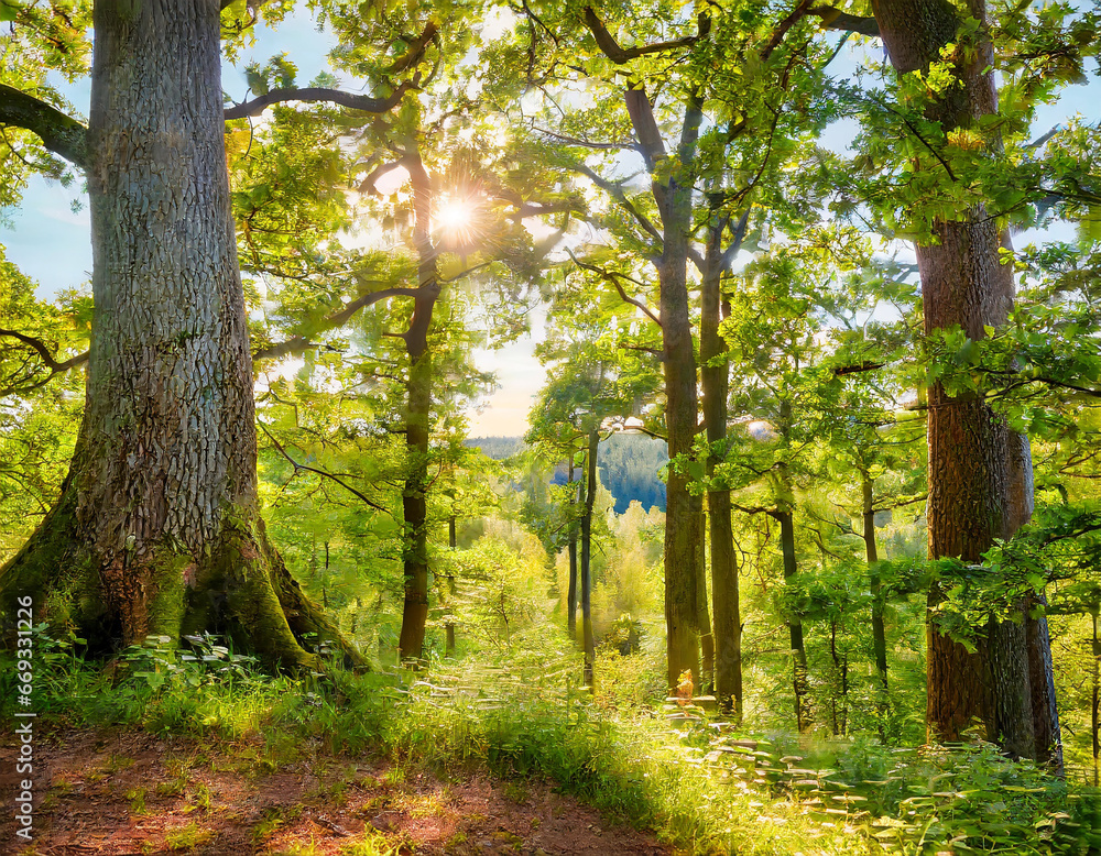 Fototapeta premium Sunny natural forest of oak trees