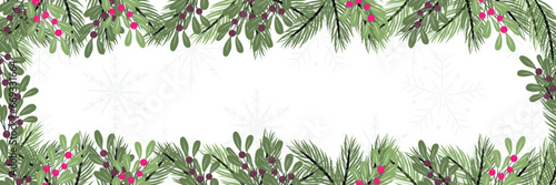 Long winter banner with pine branches and snowflakes