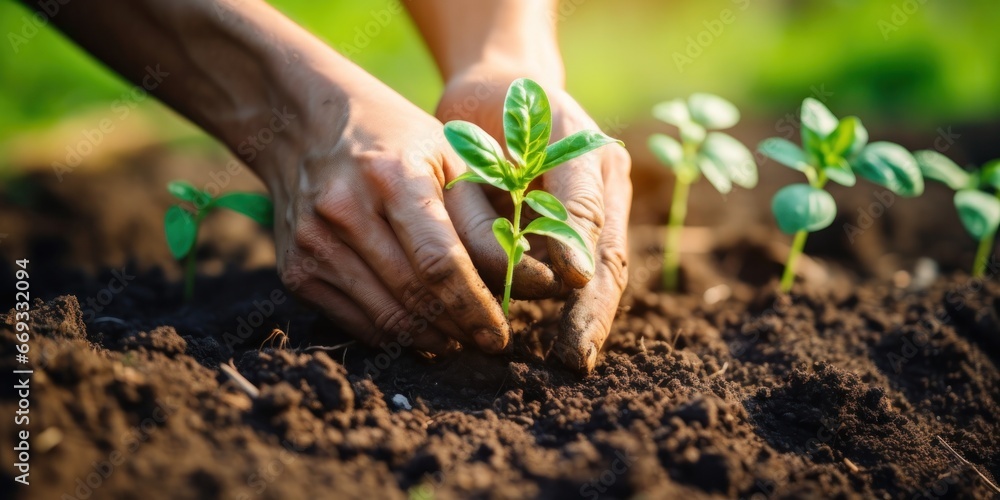 close up of hands planting trees, generative AI close up of hands planting trees, generative AI