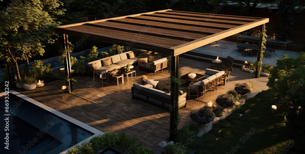  aerial view of a modern pergola with furniture and swimming pool