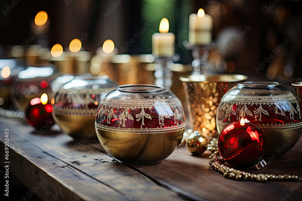 some candles and ornaments on a wooden table with christmas decorations in the background, as well for decorating your home some candles and ornaments on a wooden table with christmas decorations in the background, as well for decorating your home
