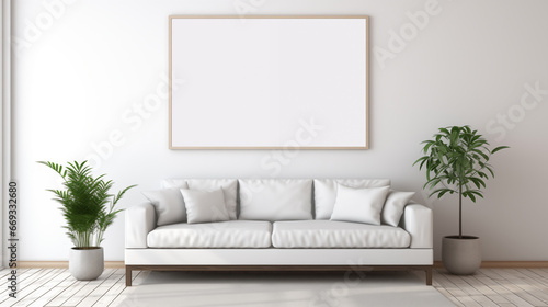 Mock-up picture frame on the sofa in a living room with white interior