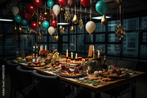 a table set for christmas dinner with balloons hanging from the ceiling and candles on the table in front of it