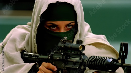 Intense closeup captures a woman with striking eyes as she takes aim with her modern rifle, showcasing determination and skill against a muted background.