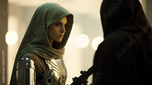 Mysterious Woman in Green Hood with Futuristic Armor Confronting Silhouette

 photo