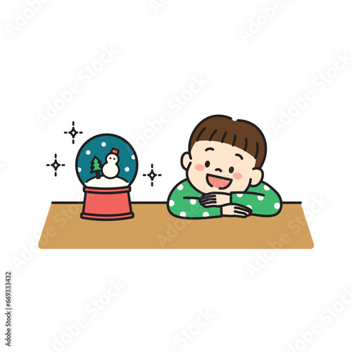 スノードームを見つめる子どものイラスト