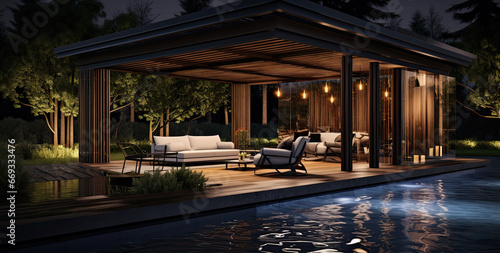  modern pergola with furniture and swimming pool