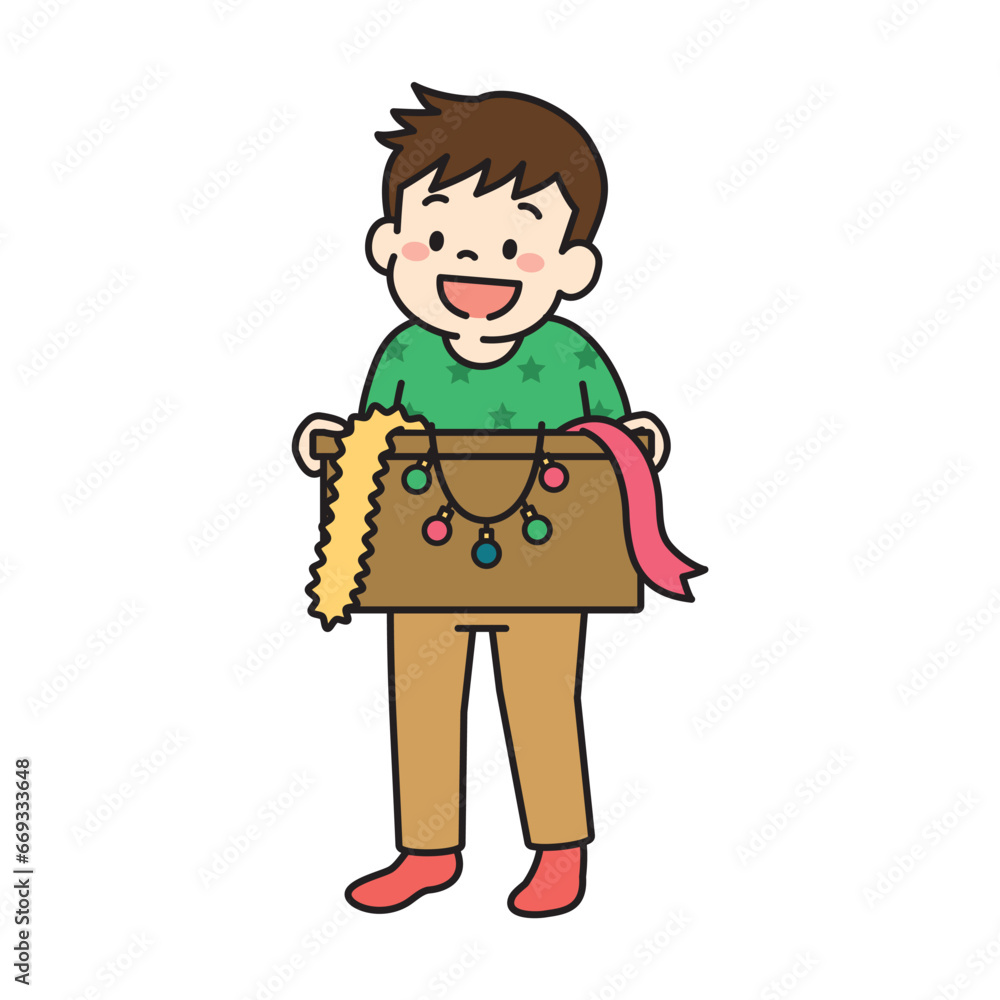 クリスマスツリーの飾りを運ぶ子どものイラスト クリスマスツリーの飾りを運ぶ子どものイラスト